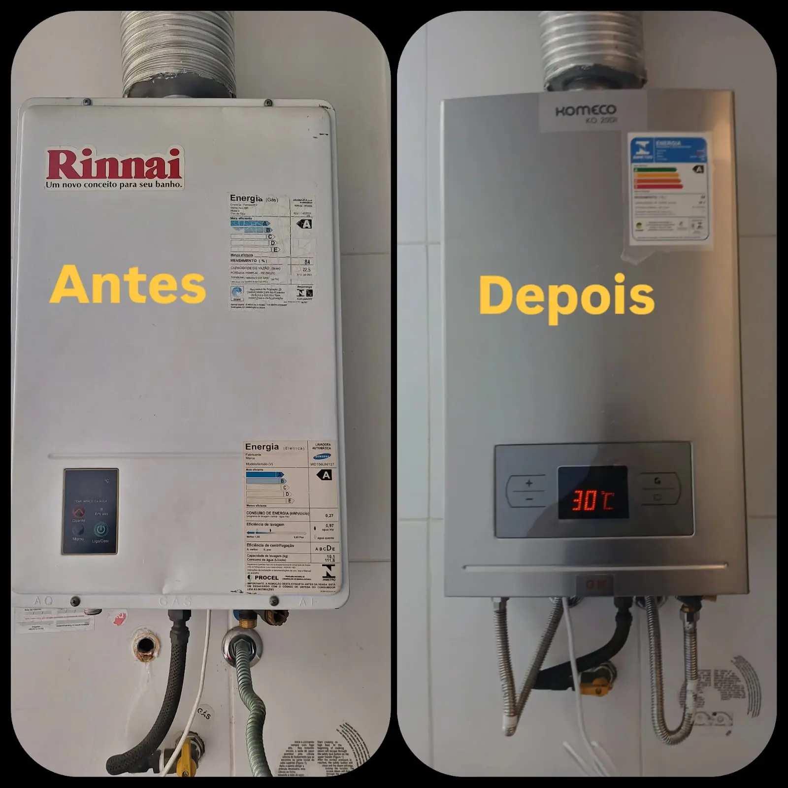 Antes e depois: substituição de aquecedor a gás Rinnai por um Komeco novo