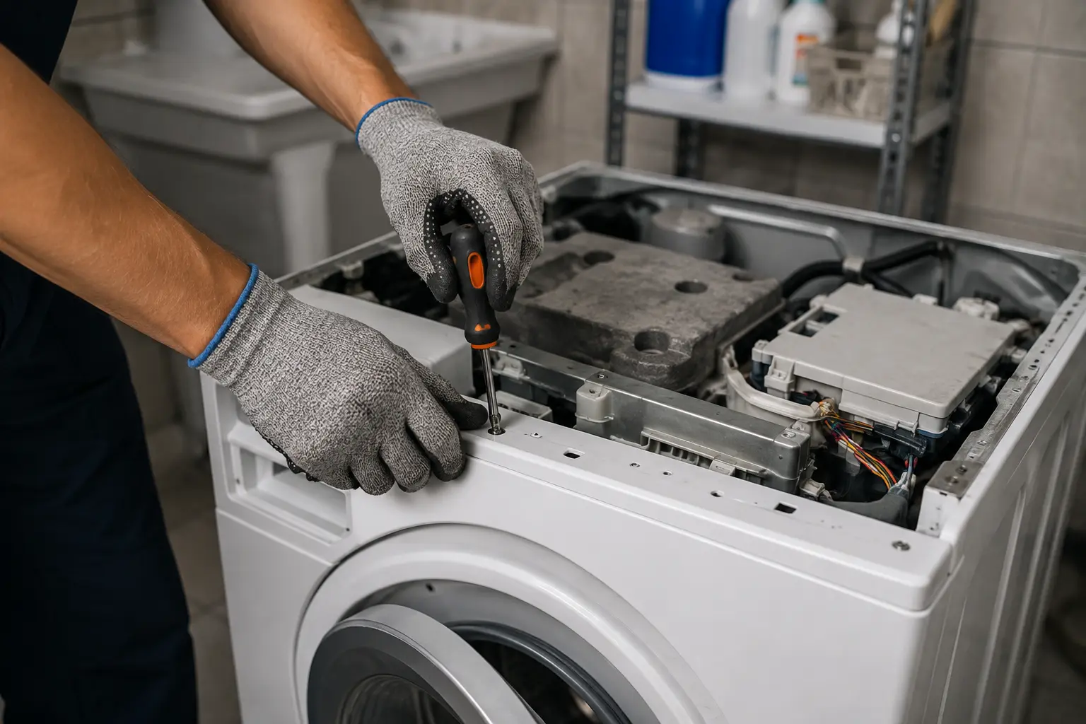 Técnico consertando placa eletrônica de máquina de lavar